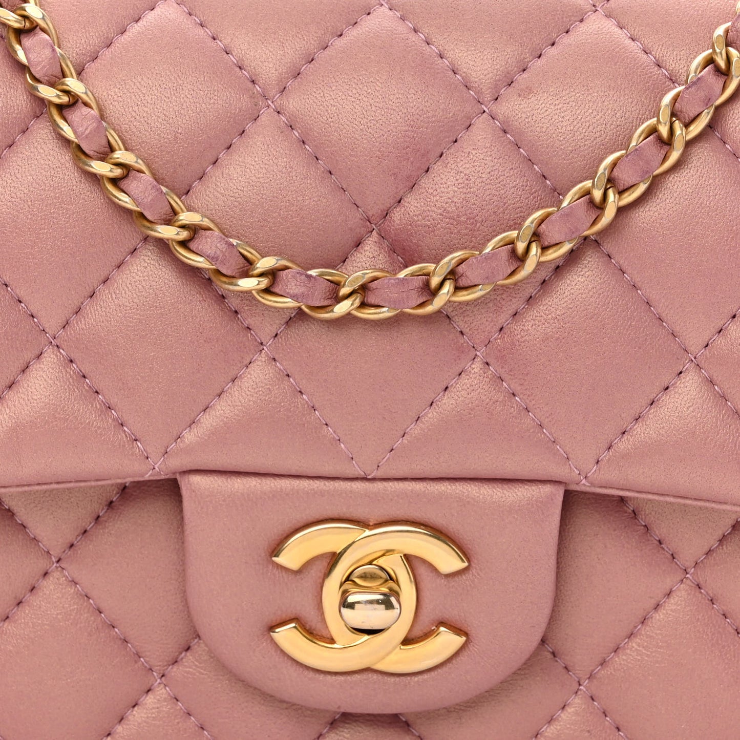 Iridescent Lambskin Quilted Mini Top Handle Rectangular Flap Pink