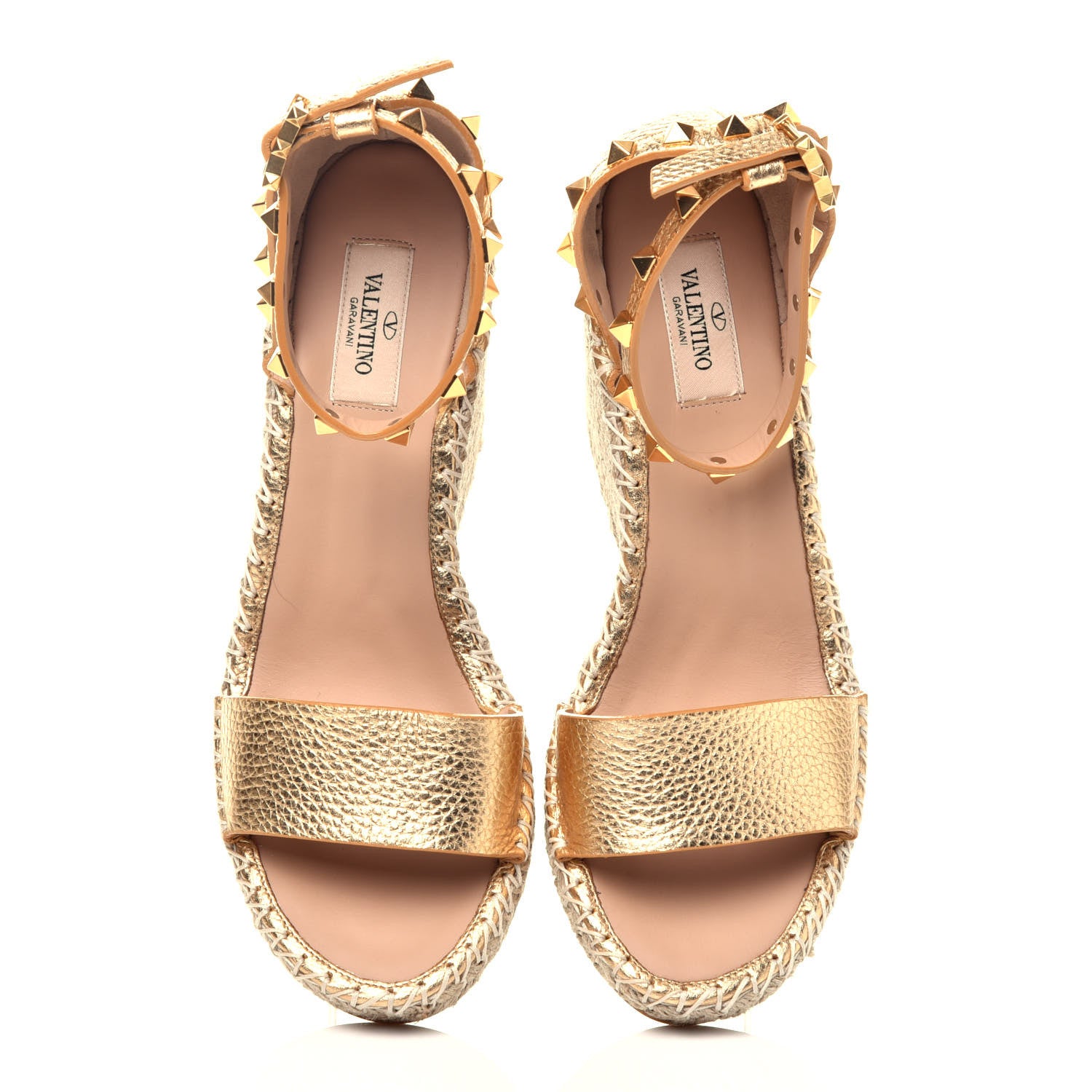 Valentino Garavani Metallic Pebbled Calfskin Rockstud Ankle Strap Espadrille 15/105mm Wedge Sandals 39 Antique Brass Natural 5 of 8