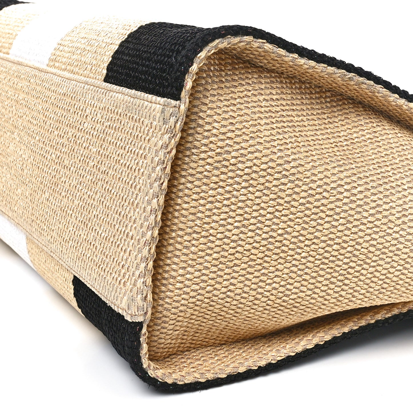 Straw Raffia Calfskin Striped Large Deauville Tote Black Beige Ivory
