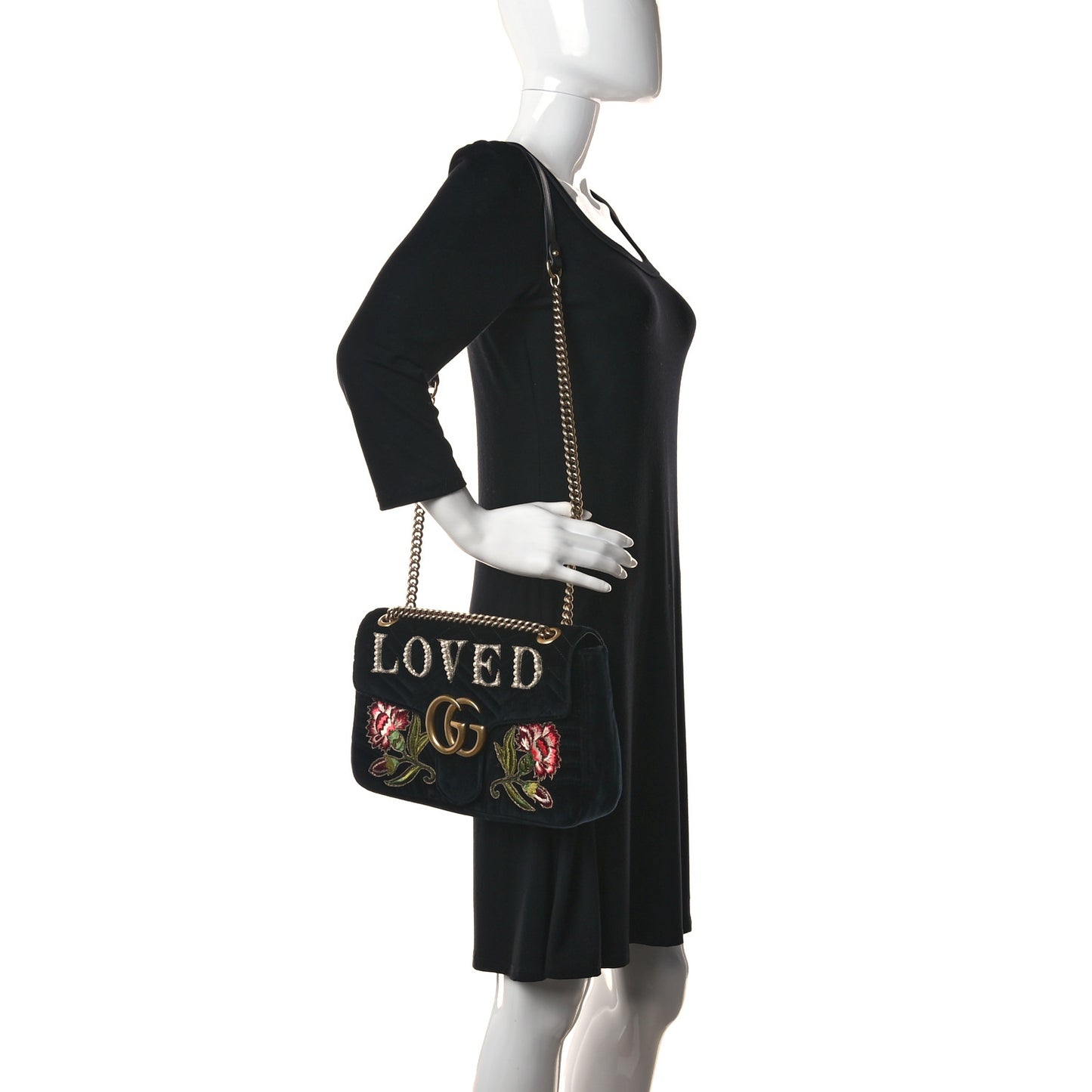 Velvet Matelasse Loved Embroidered Medium GG Marmont Shoulder Bag Black