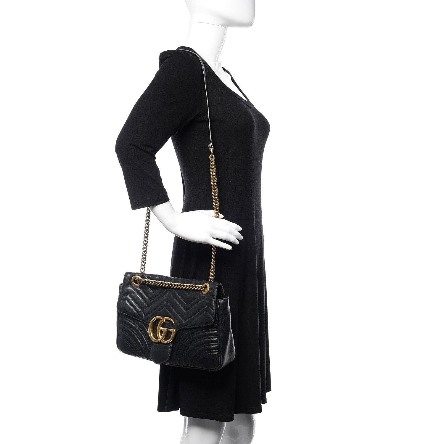 Gucci Calfskin Matelasse Medium GG Marmont Shoulder Bag Black 2 of 11