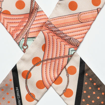 Hermes Silk Clic Clac A Pois Twilly Rose Nacre Marron Corail 5 of 7