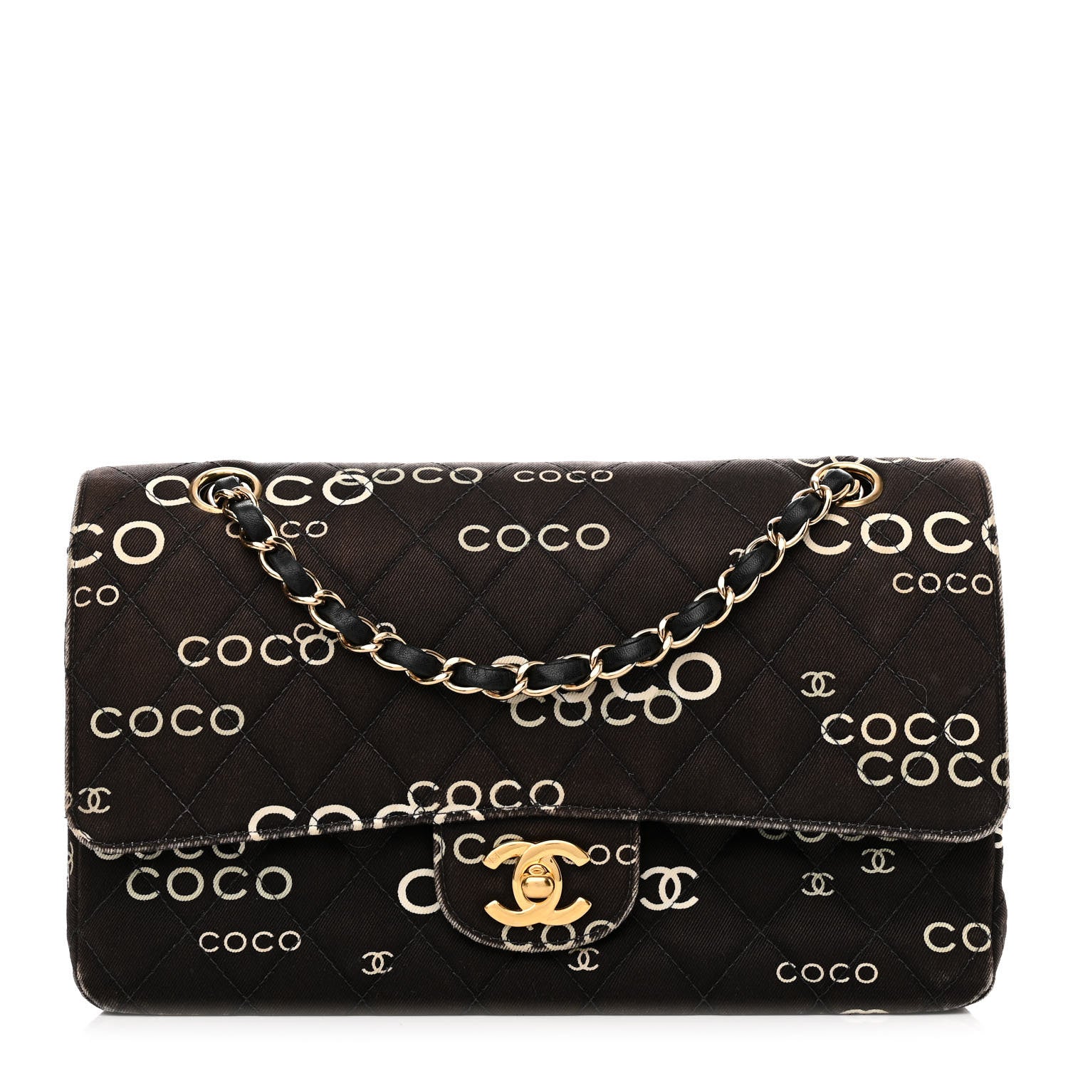 Chanel Canvas Coco Printed Quilted Medium Double Flap Black White 1 of 16