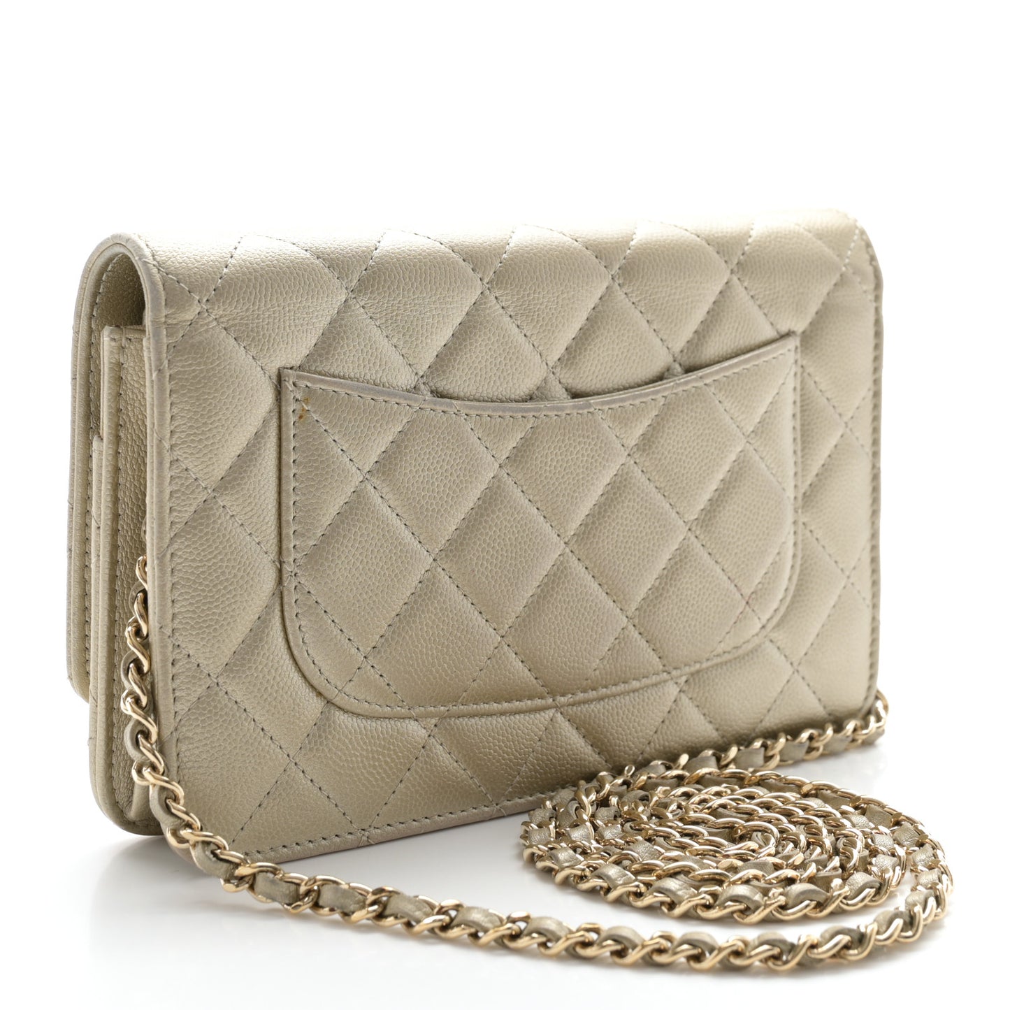 Metallic Caviar Quilted Wallet On Chain WOC Light Gold