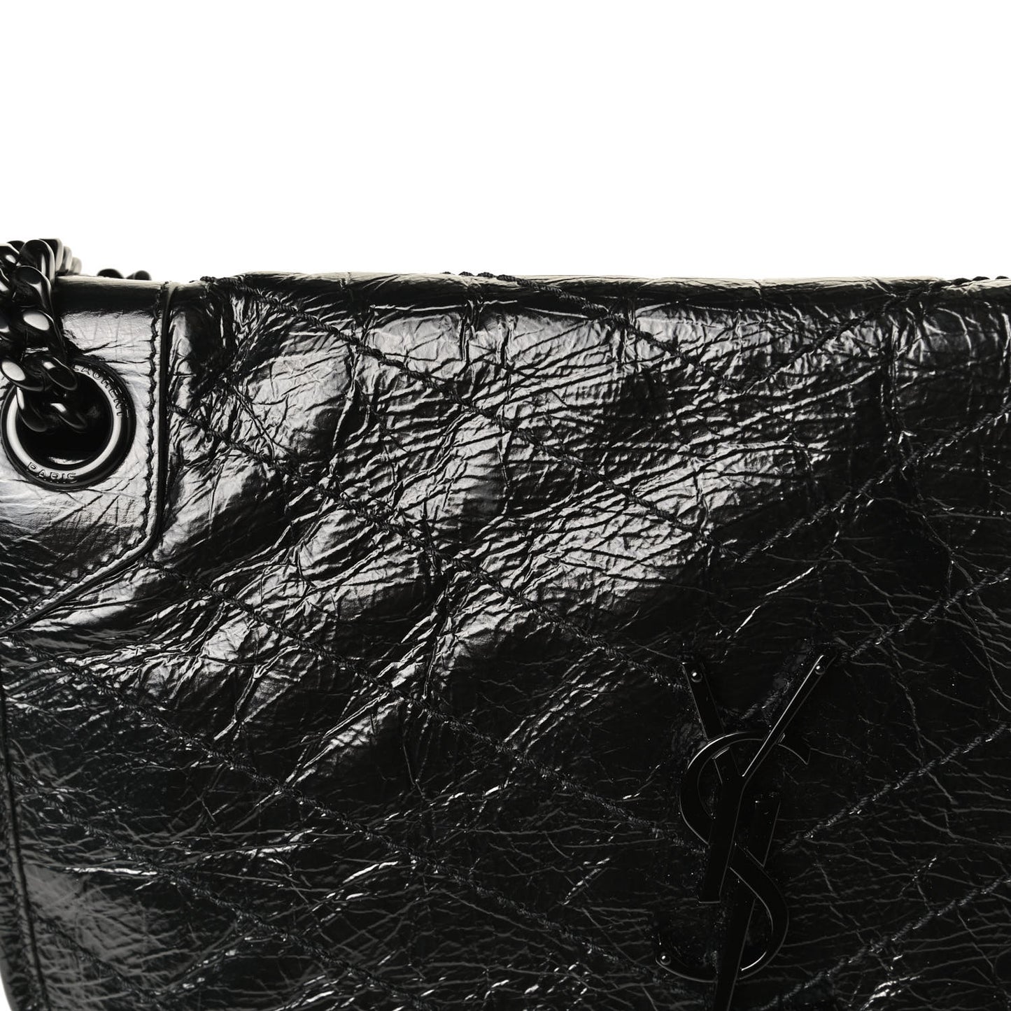 Crinkled Calfskin Matelasse Monogram Medium Niki Chain Satchel Black