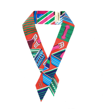 Hermes Silk Sangles En Zigzag Twilly Rouge Vert Rose Vif 1 of 7
