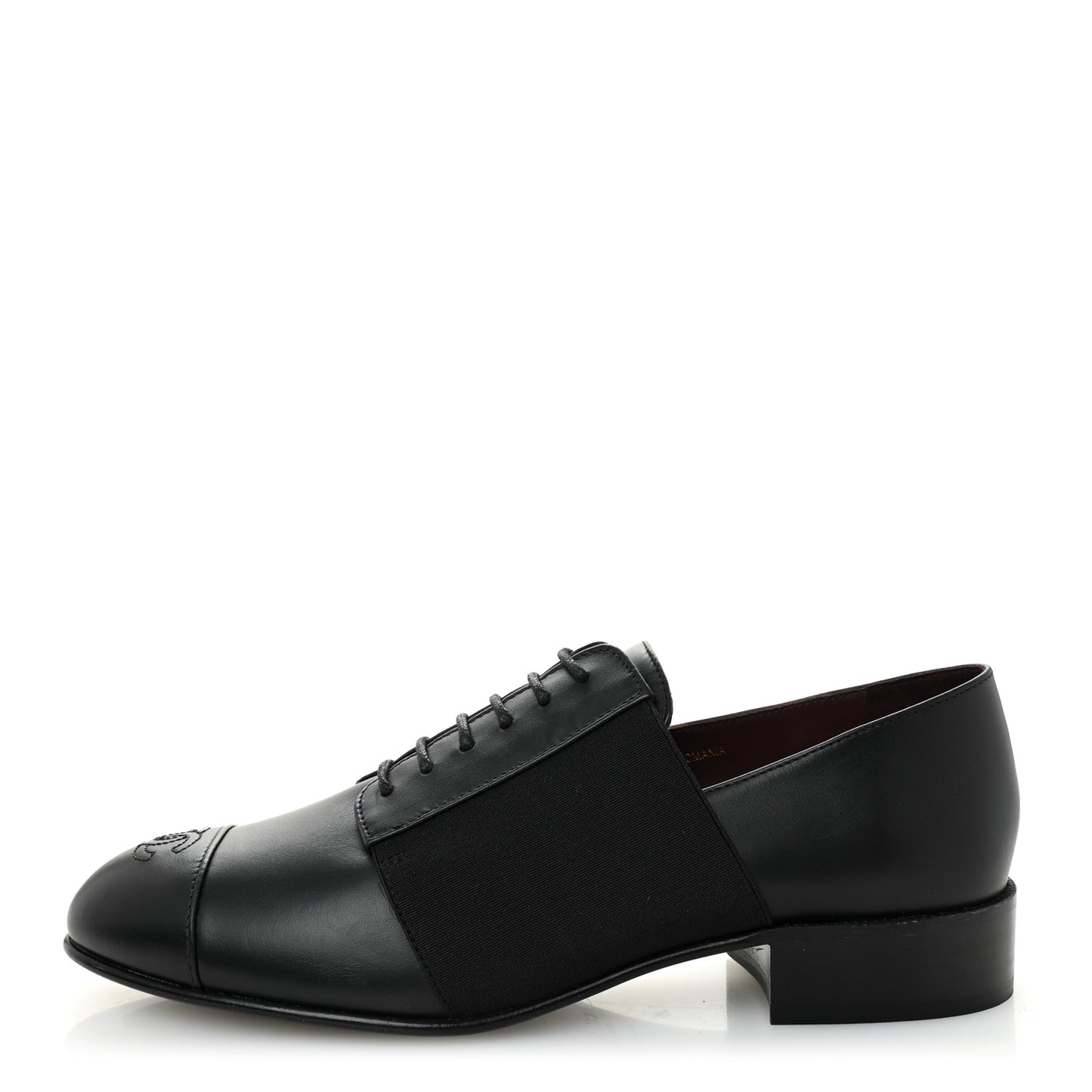 Calfskin Elastic Lace Up Cap Toe CC Loafers 38 Black