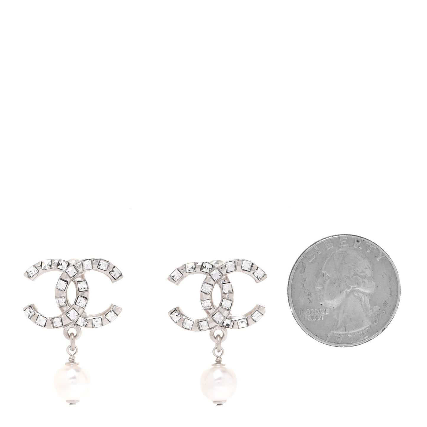 Crystal Baguette Pearl CC Drop Earrings Silver