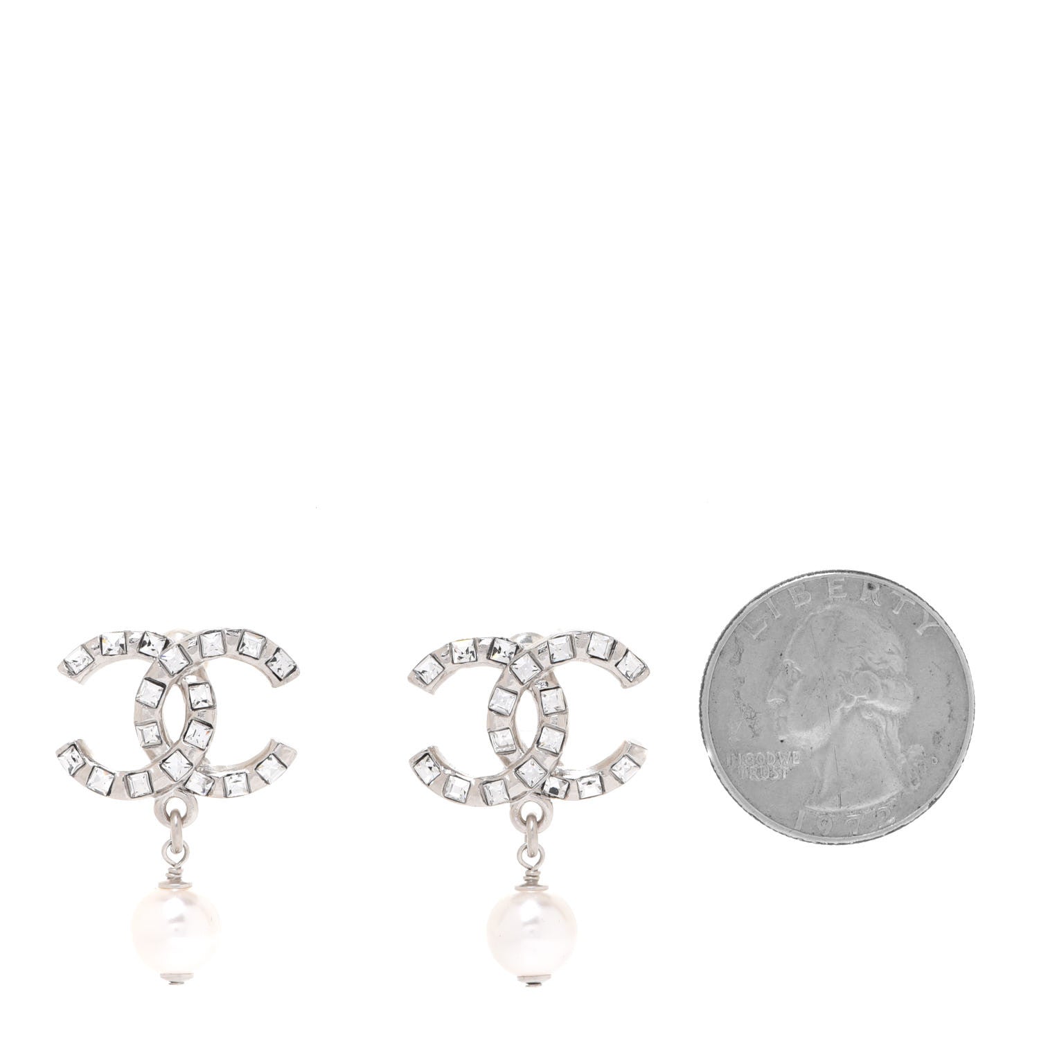 Chanel Crystal Baguette Pearl CC Drop Earrings Silver 2 of 5