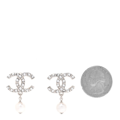 Chanel Crystal Baguette Pearl CC Drop Earrings Silver 2 of 5
