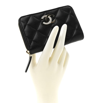 Chanel Caviar Quilted Crystal Zip Around Coin Purse Wallet Black 2 of 9
