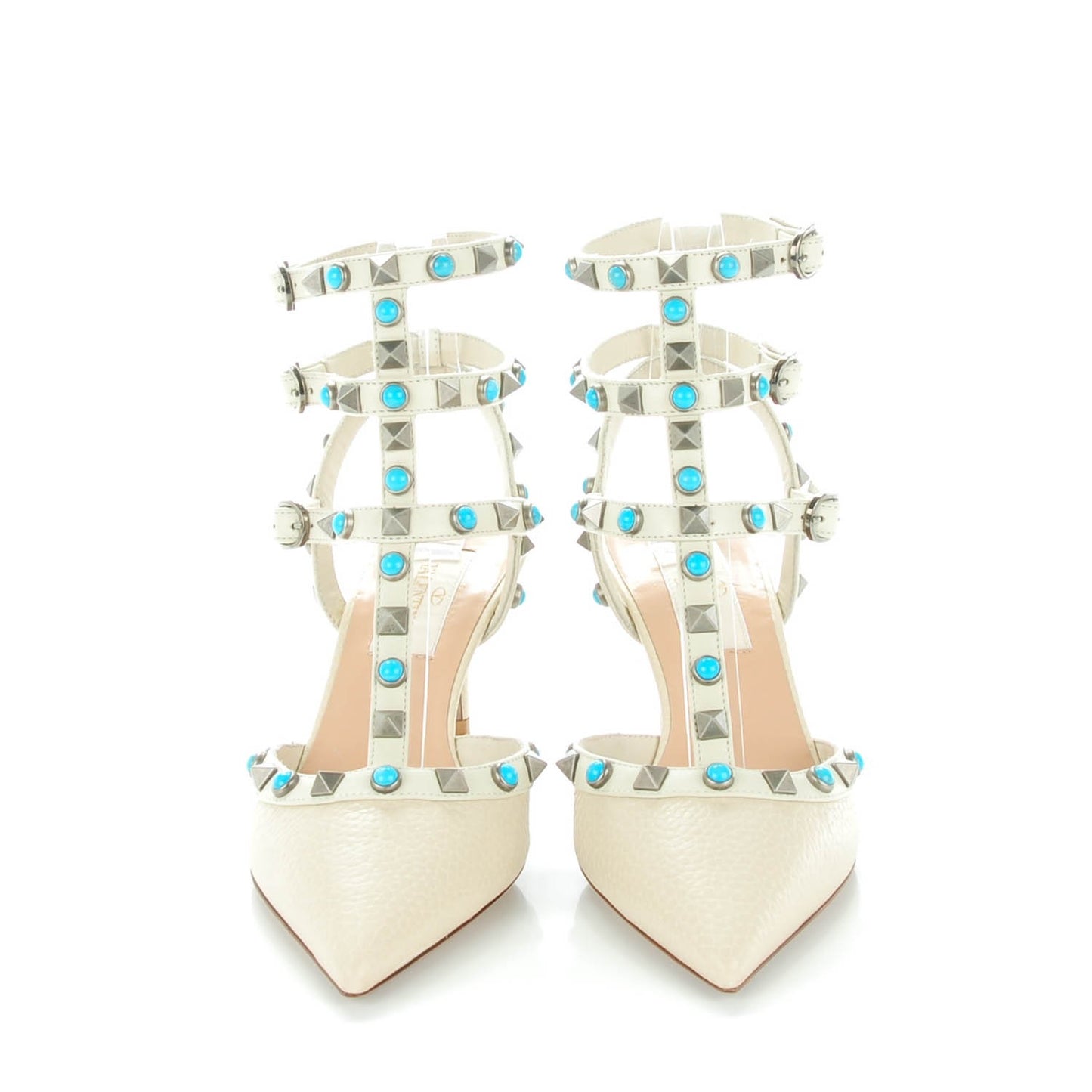 Alce Printed Calfskin Rockstud Rolling Ankle Strap Pumps 34 Ivory