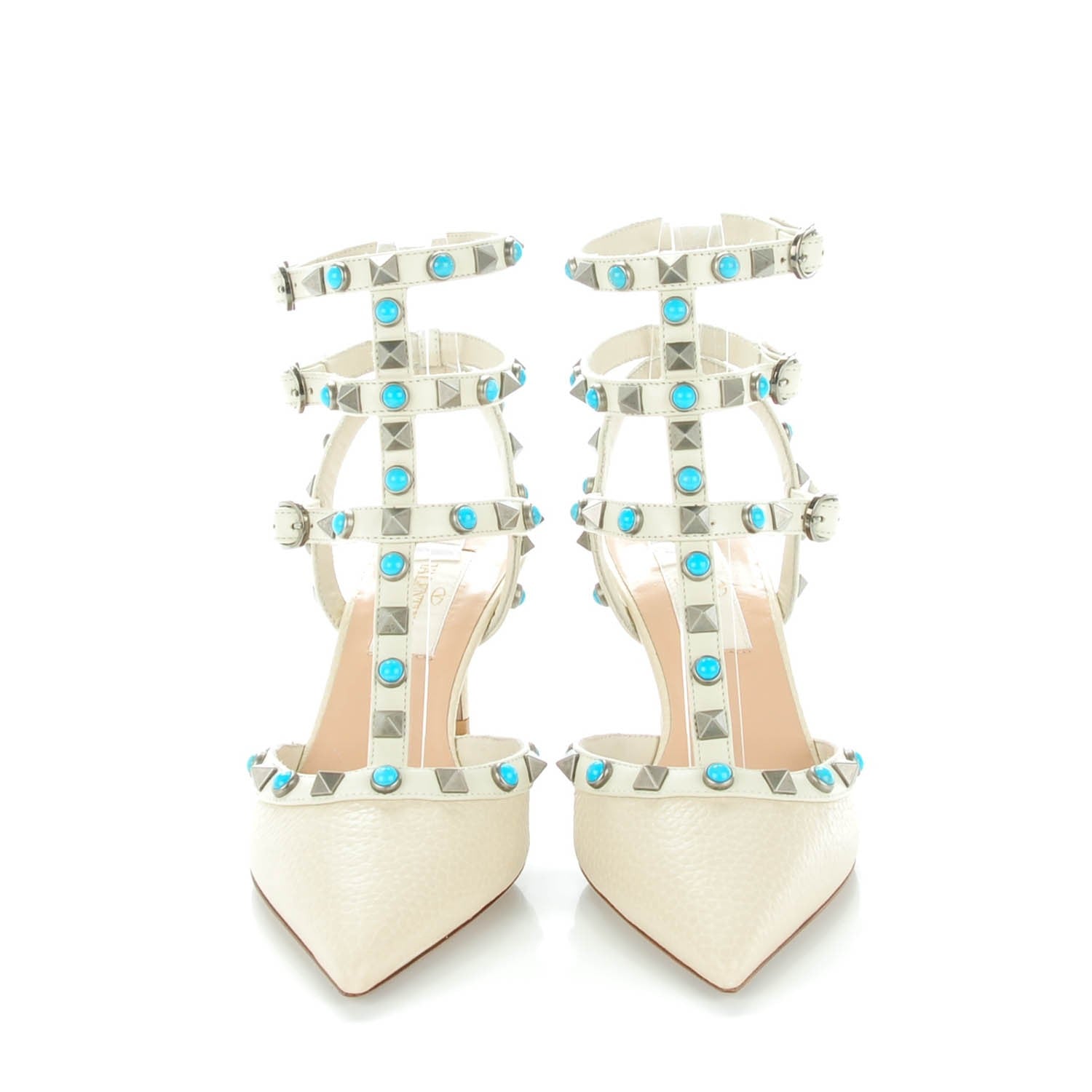 Valentino Garavani Alce Printed Calfskin Rockstud Rolling Ankle Strap Pumps 34 Ivory 2 of 8