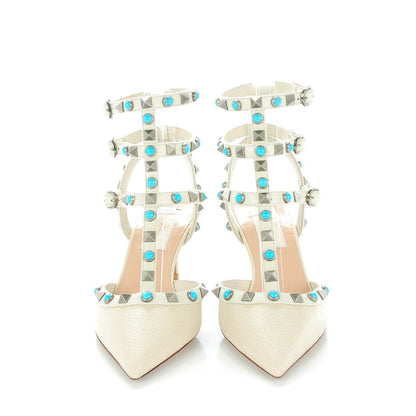 Valentino Garavani Alce Printed Calfskin Rockstud Rolling Ankle Strap Pumps 34 Ivory 2 of 8