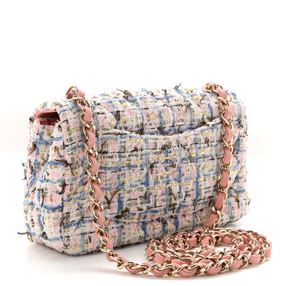 Chanel Tweed Quilted Mini Rectangular Flap Light Blue Pink Gold White 3 of 11