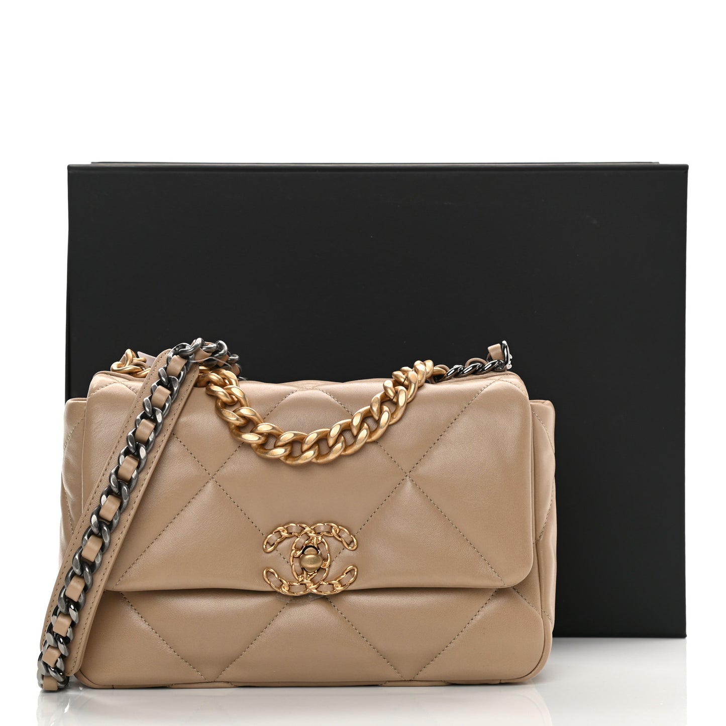 Lambskin Quilted Medium Chanel 19 Flap Dark Beige