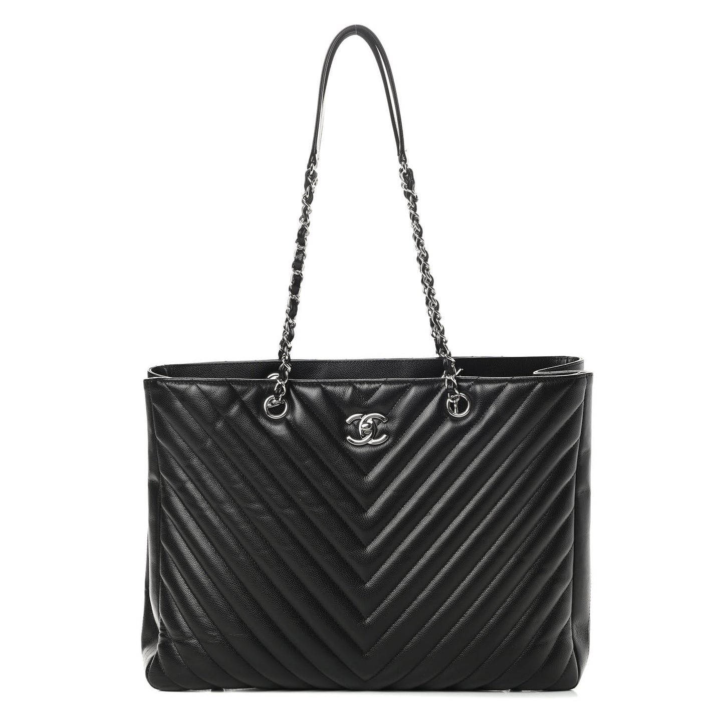 Caviar Chevron Quilted Large Shopping Tote Black