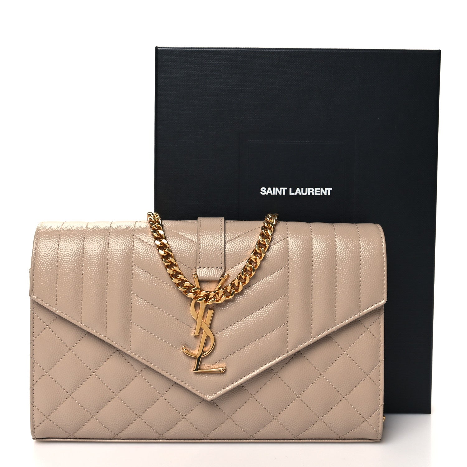 Saint Laurent Grain De Poudre Mixed Matelasse Triquilt Monogram Chain Wallet Dark Beige 12 of 12