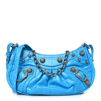 Balenciaga Extra Supple Calfskin Crocodile Embossed Crystal Mini Le Cagole Purse With Chain Cyan 1 of 9