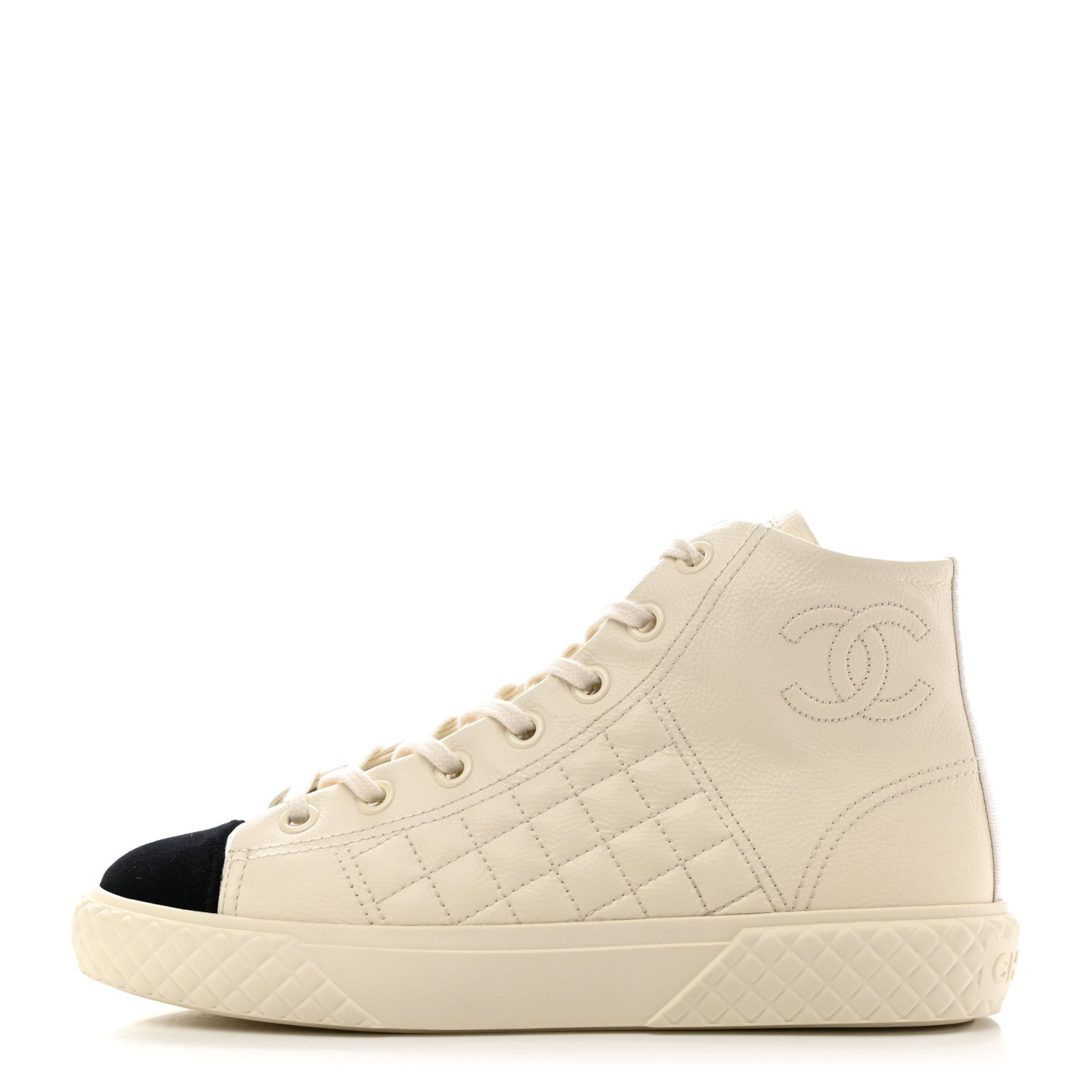 Chanel Calfskin High Top CC Sneakers 37.5 Ivory Black 1 of 9