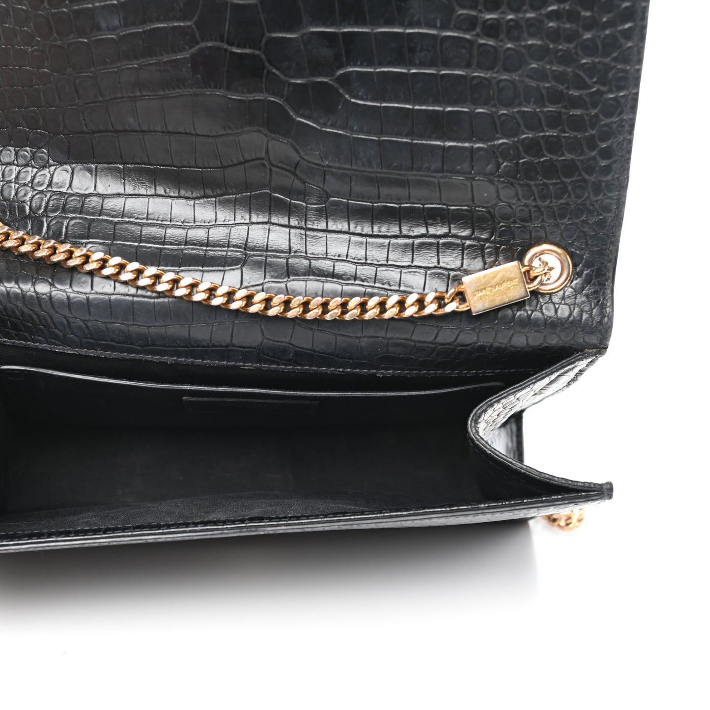 Calfskin Crocodile Embossed Medium Classic Monogram Kate Tassel Satchel Black