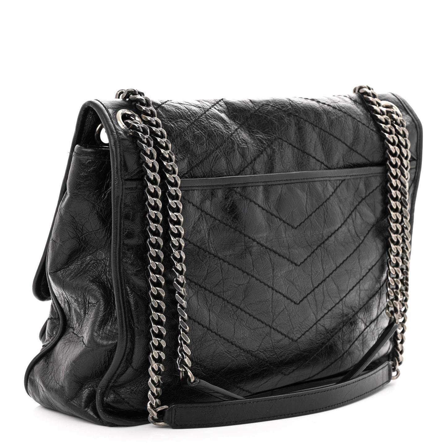 Crinkled Calfskin Matelasse Monogram Large Niki Chain Satchel Black