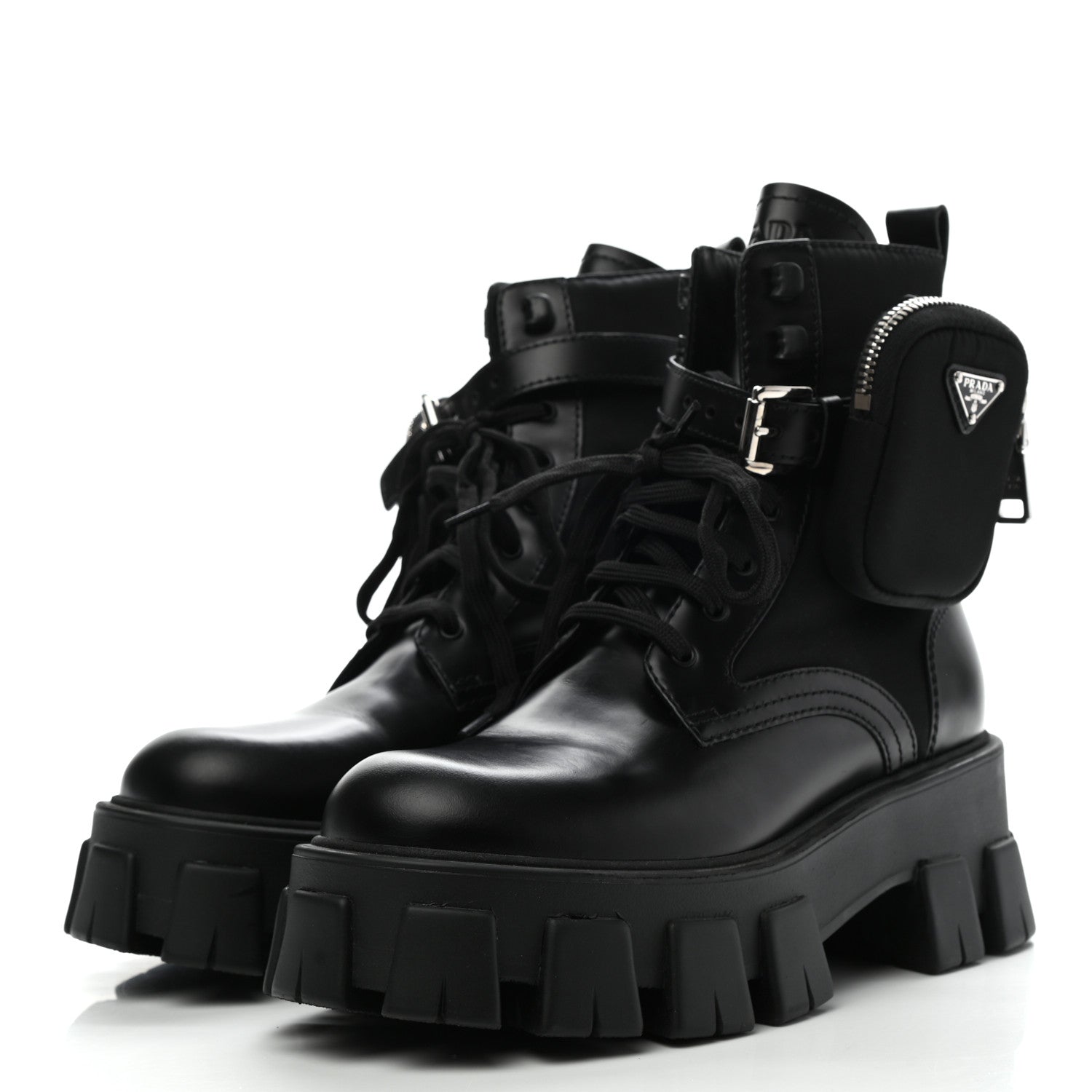 Prada Spazzolato Rois Nylon Metal Triangle Logo Monolith Pouch Pocket 55mm Boots 37 Black 3 of 9
