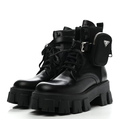 Prada Spazzolato Rois Nylon Metal Triangle Logo Monolith Pouch Pocket 55mm Boots 37 Black 3 of 9