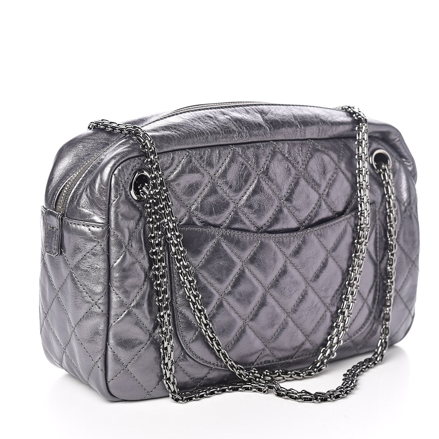 Metallic Aged Calfskin Quilted Medium Reissue Camera Case Dark Silver