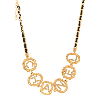 Chanel Metal Lambskin Crystal Chain Logo Choker Necklace Gold Black 1 of 5