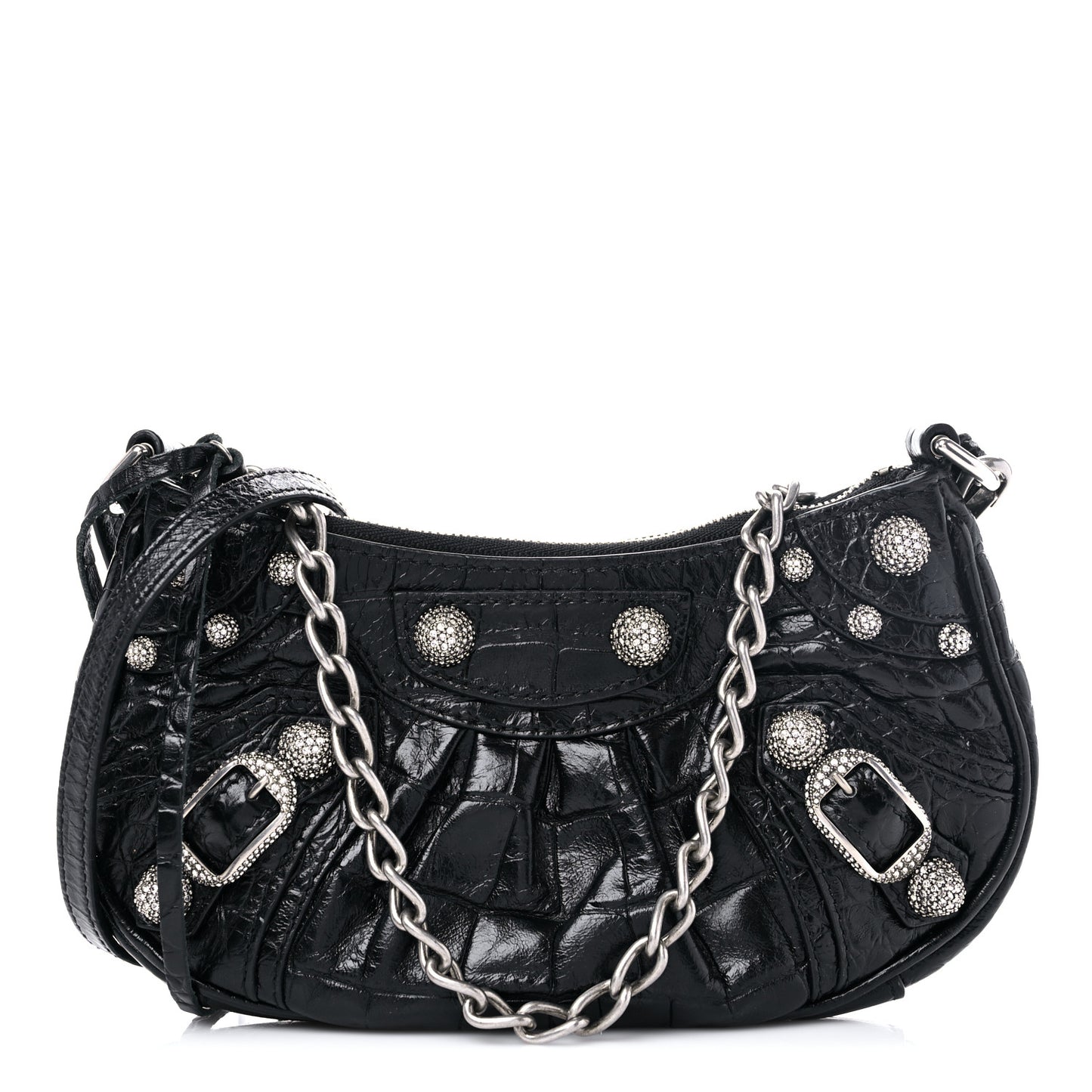 Extra Supple Calfskin Crystal Crocodile Embossed Le Cagole Mini Purse With Chain Black