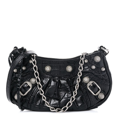 Balenciaga Extra Supple Calfskin Crystal Crocodile Embossed Le Cagole Mini Purse With Chain Black 1 of 8