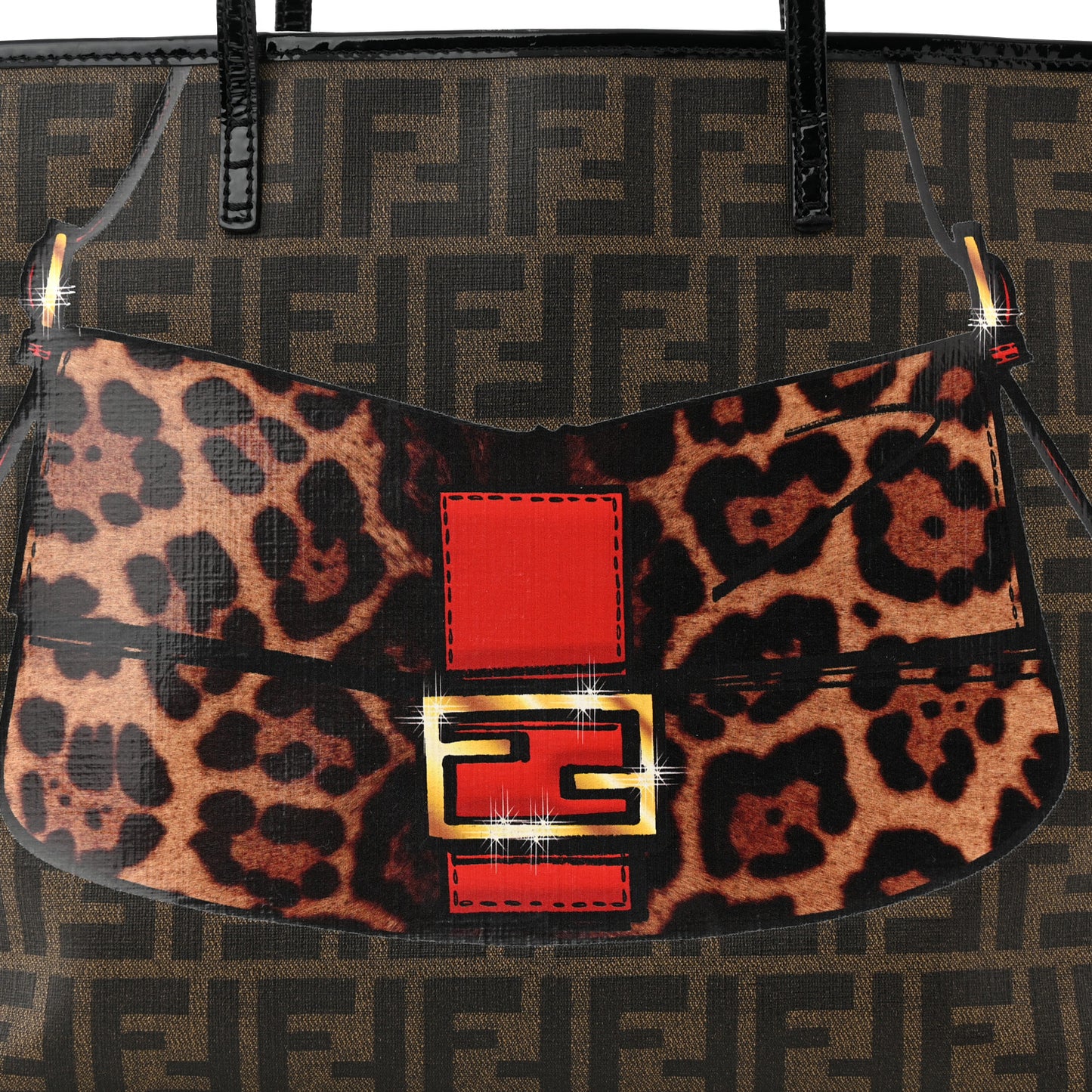Zucca Spalmati Patent Baguette Print Medium Roll Tote Tobacco