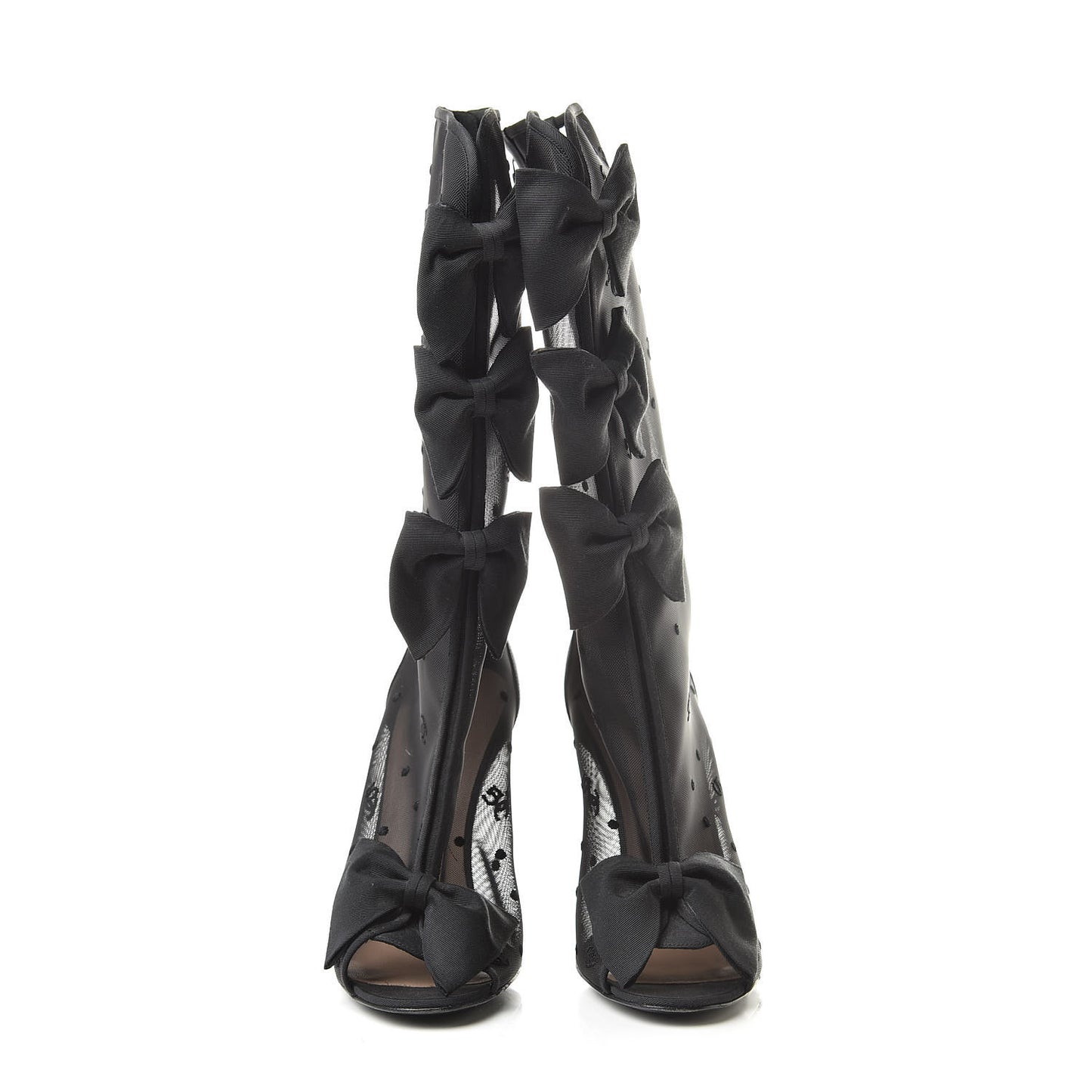 Mesh Grosgrain Bow Peep Toe Mid Calf Boots 38.5 Black