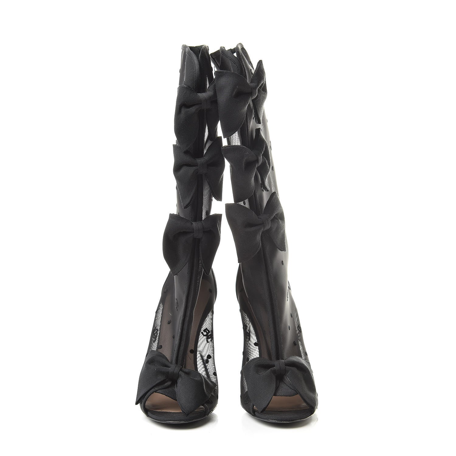 Chanel Mesh Grosgrain Bow Peep Toe Mid Calf Boots 38.5 Black 2 of 13