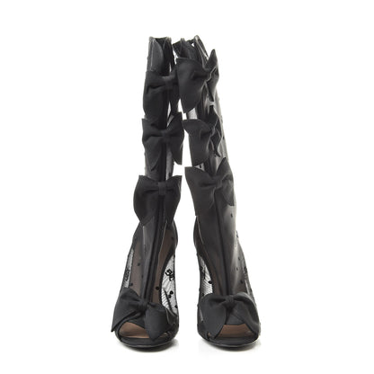 Chanel Mesh Grosgrain Bow Peep Toe Mid Calf Boots 38.5 Black 2 of 13