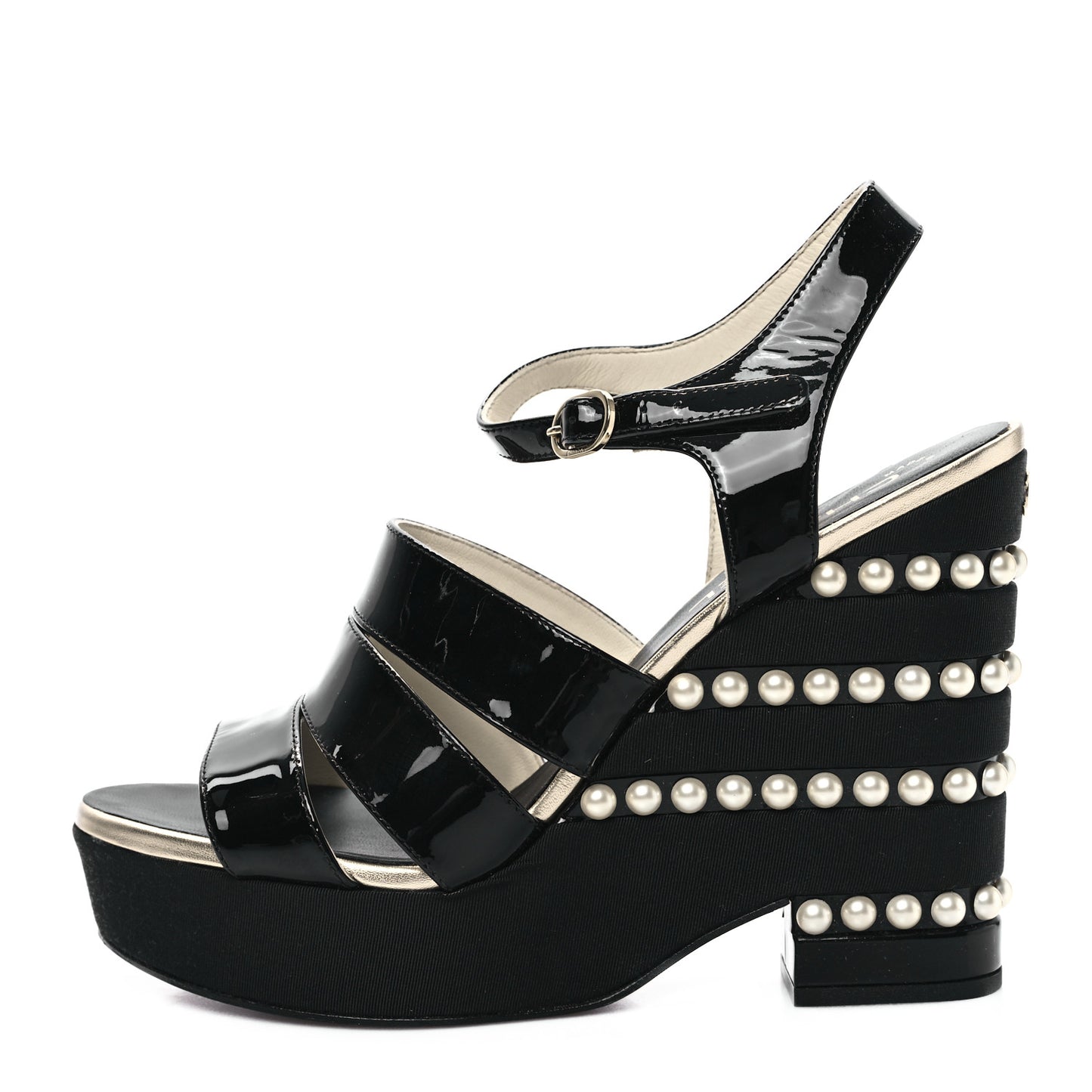 Patent Calfskin Grosgrain Pearl CC Wedge Sandals 38.5 Black