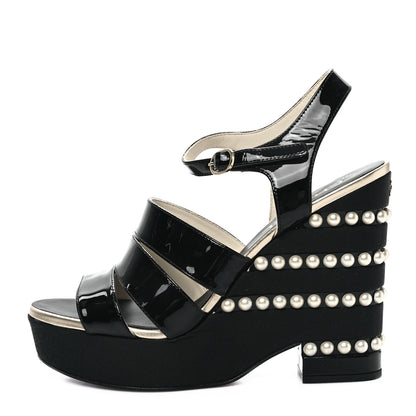 Chanel Patent Calfskin Grosgrain Pearl CC Wedge Sandals 38.5 Black 1 of 10