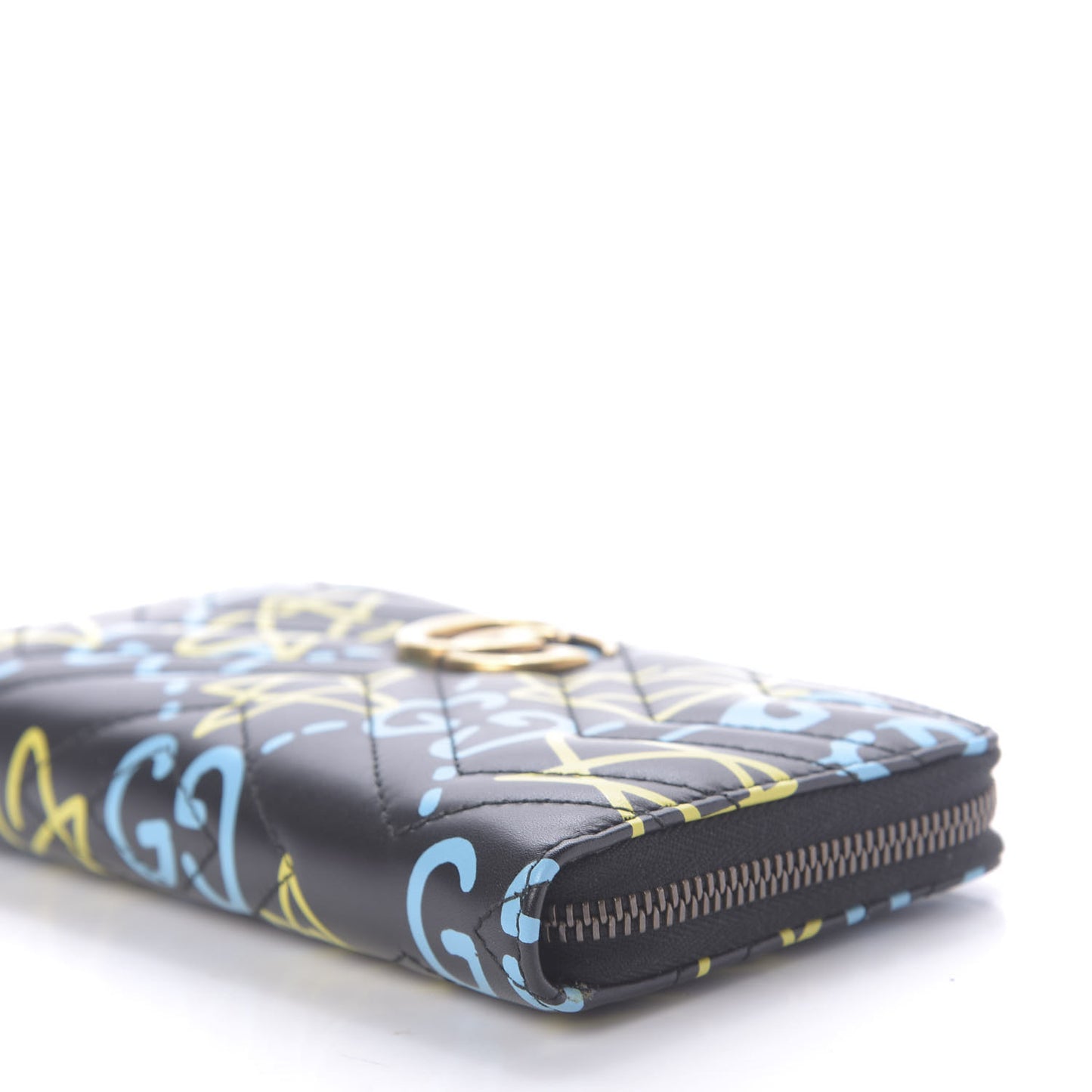 Calfskin Matelasse GucciGhost GG Marmont Zip Around Wallet Black New Acquamarine