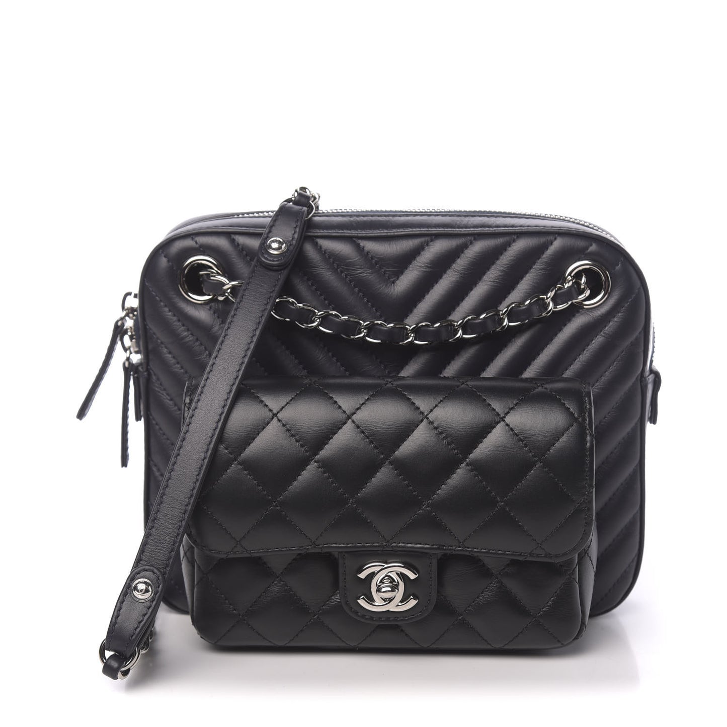 Calfskin Chevron Quilted Double Camera Bag With Flap Black