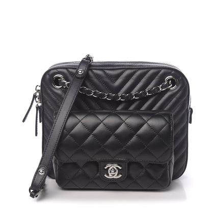 Chanel Calfskin Chevron Quilted Double Camera Bag With Flap Black 1 of 17