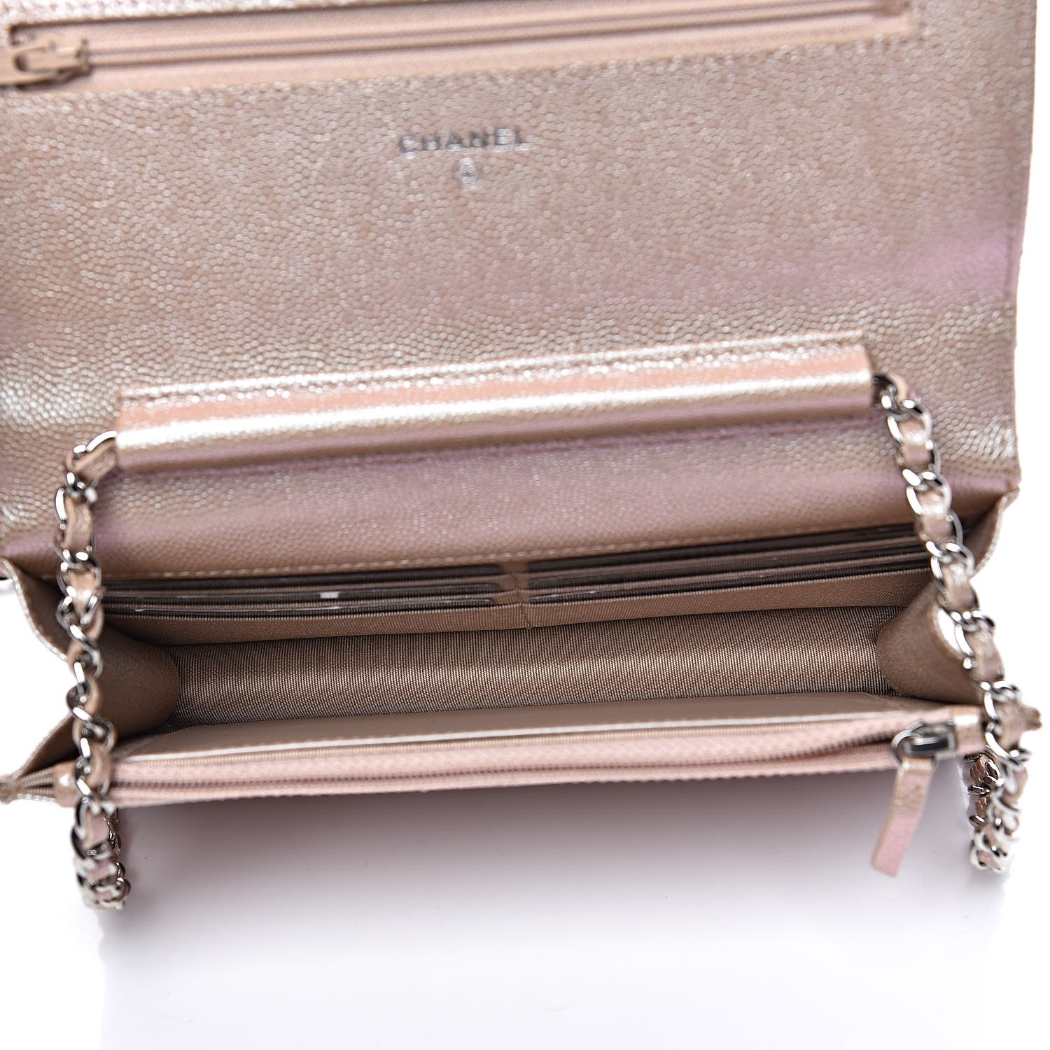 Chanel Metallic Caviar Chevron Quilted Wallet On Chain WOC Light Gold 5 of 14