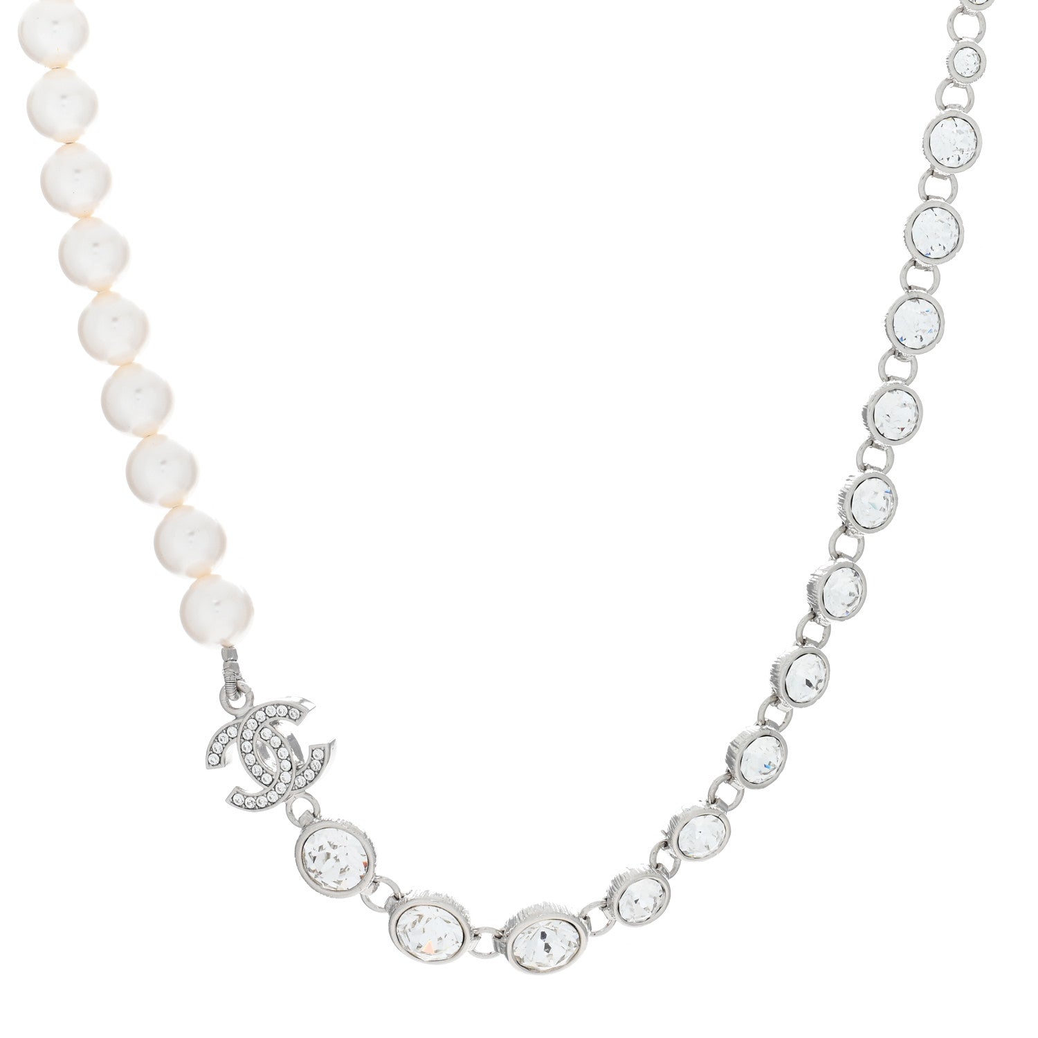 Chanel Pearl Crystal CC Choker Necklace Silver 1 of 4