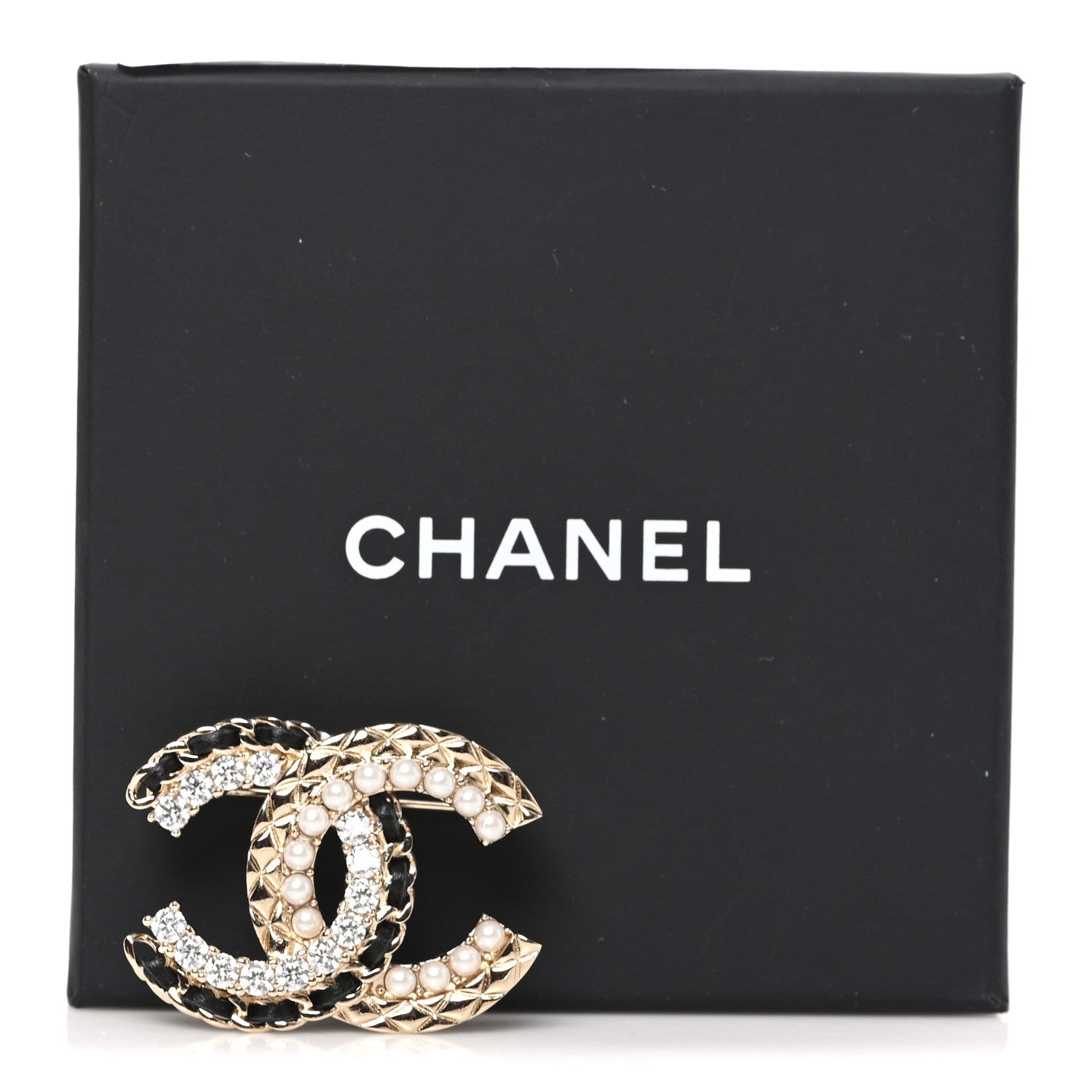 Chanel Lambskin Pearl Crystal Quilted CC Brooch Golden Pearly White Black 4 of 4