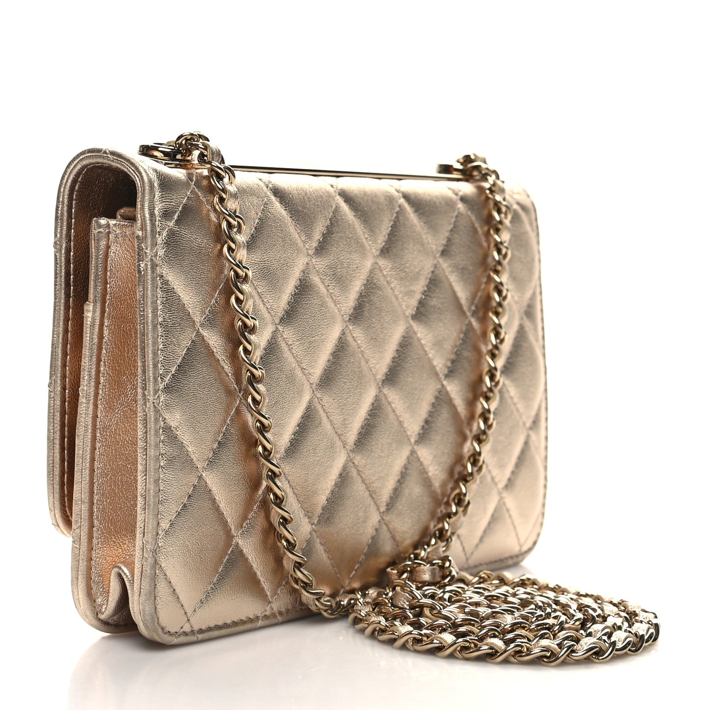 Metallic Lambskin Quilted Trendy CC Wallet On Chain WOC Gold
