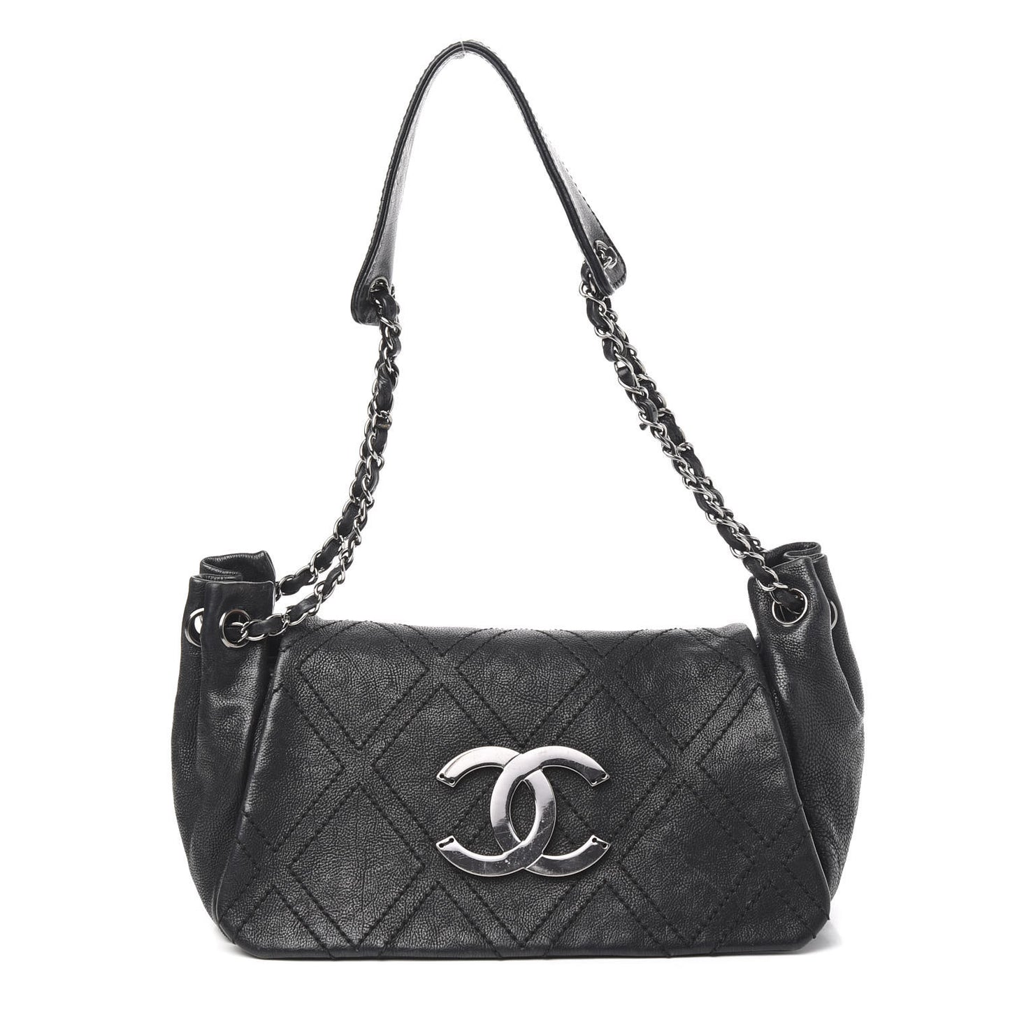 Calfskin Diamond Stitch Accordion Flap Black