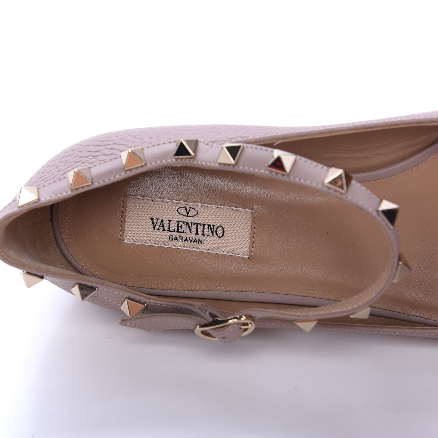 Pebbled Calfskin Rockstud Ankle Strap Ballerina Flats 40 Poudre