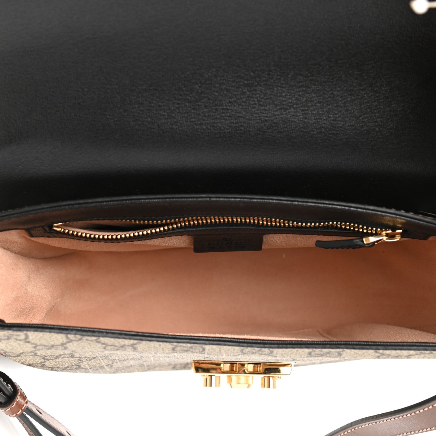 GG Supreme Monogram Calfskin Small Padlock Messenger Shoulder Bag Beige Black Cuir