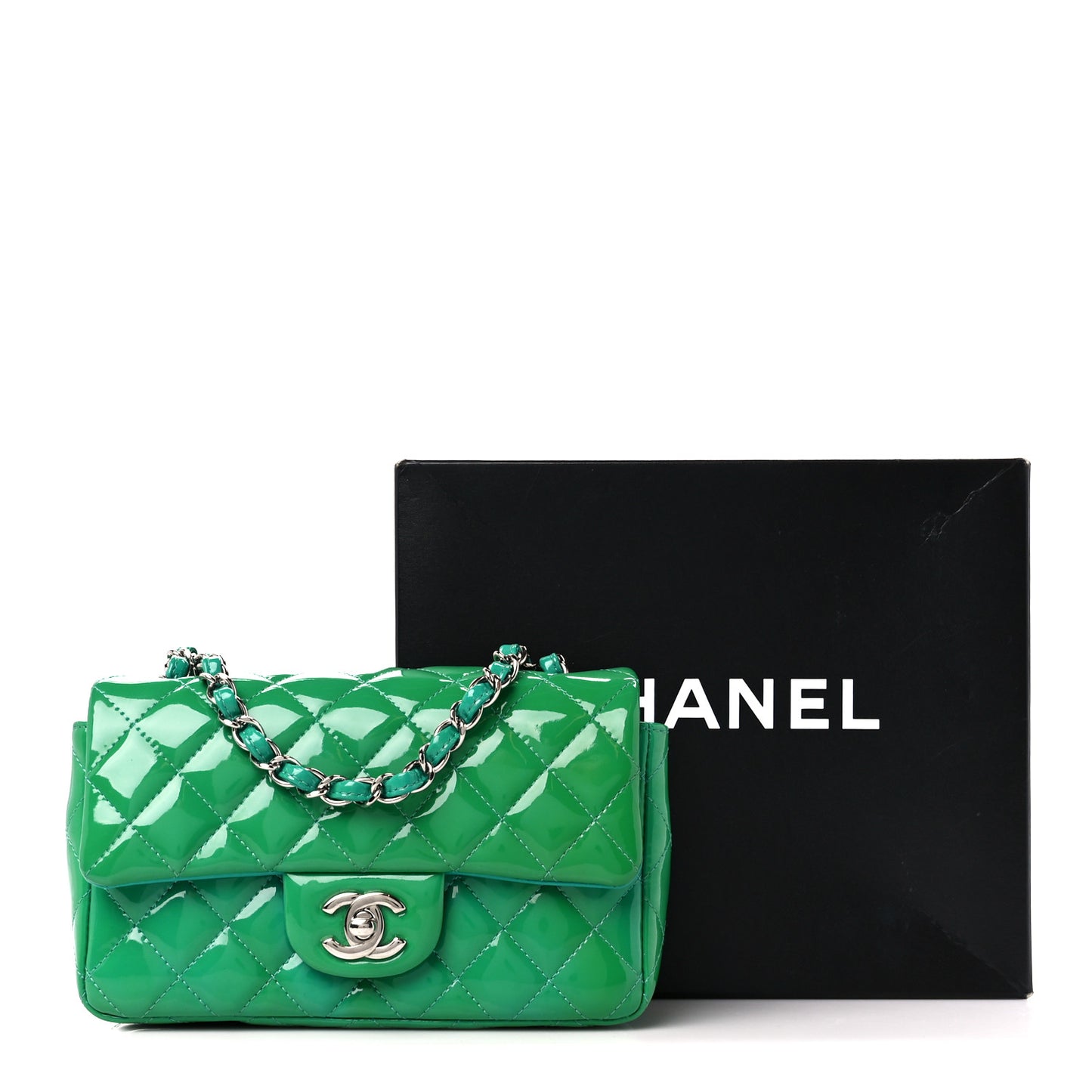 Patent Calfskin Quilted Mini Rectangular Flap Green