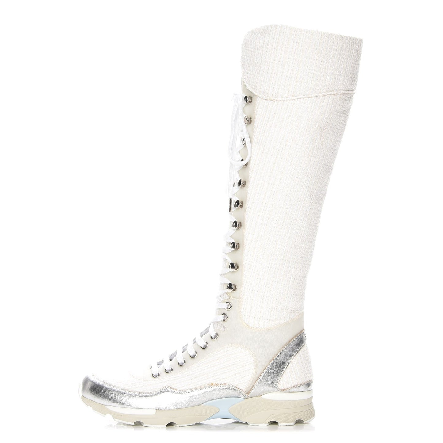 Tweed Suede Calfskin Sneaker High Boots 38 White Silver